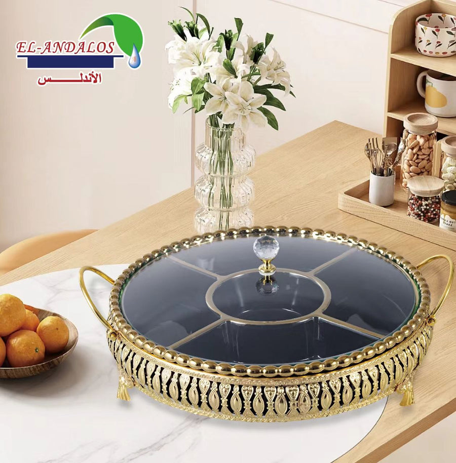 Divided serving tray with golden round handles