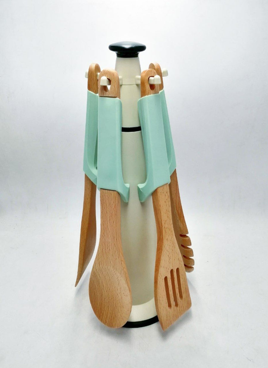 Silicone-handled wooden serving set