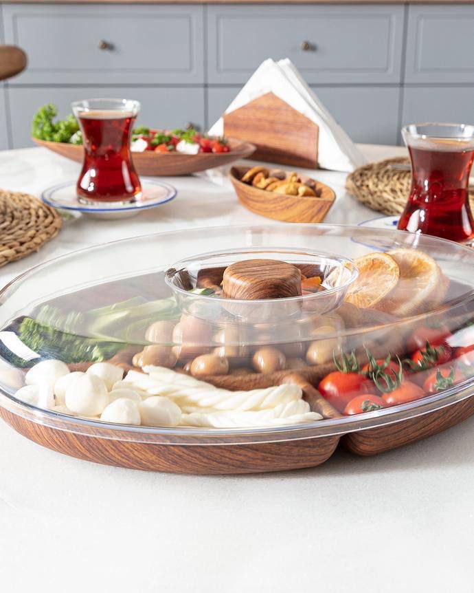 طبق تسالي خشبي غطا اكريلك